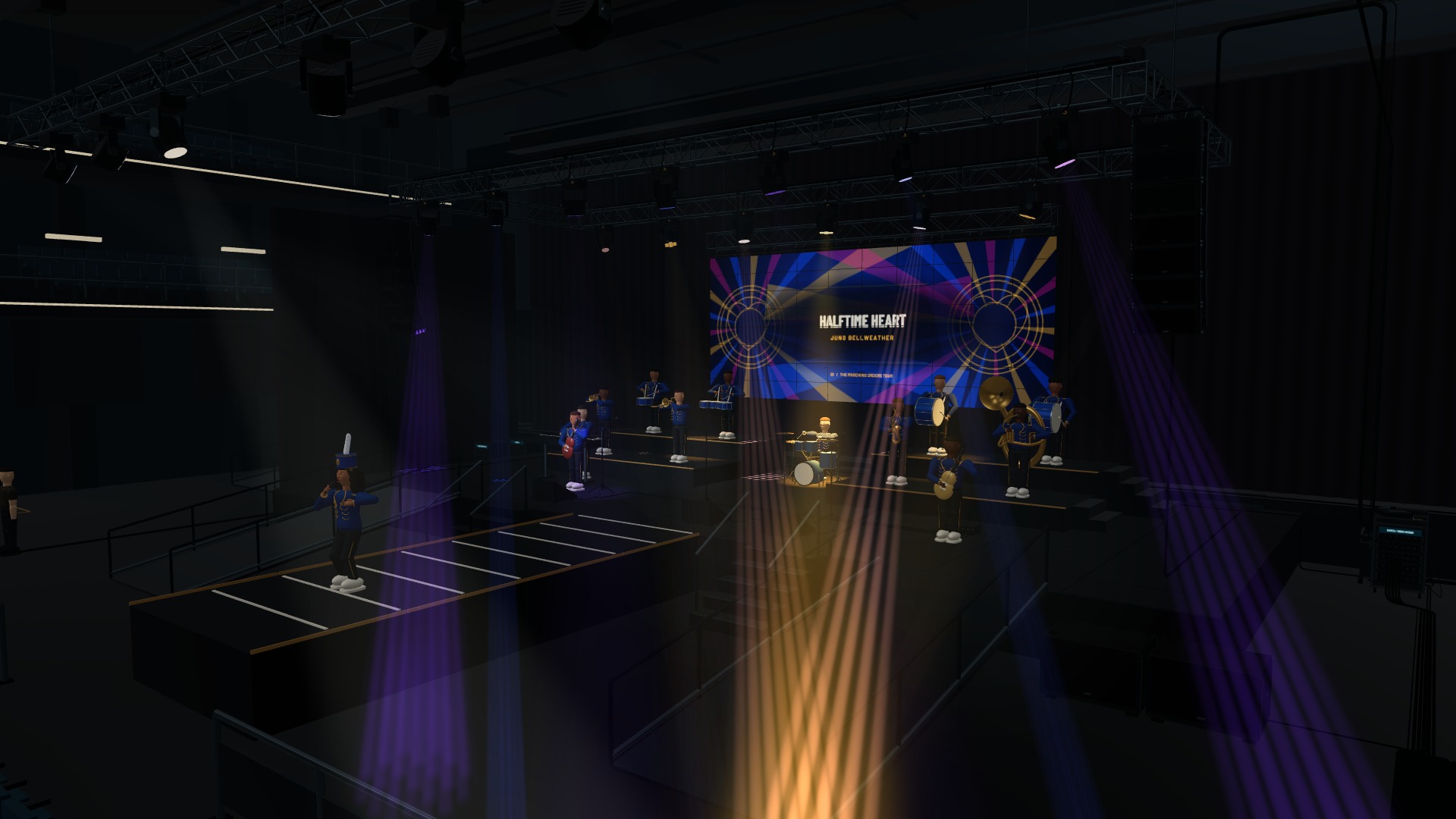The Show Day stage filled with colorful concert lighting and a live band.